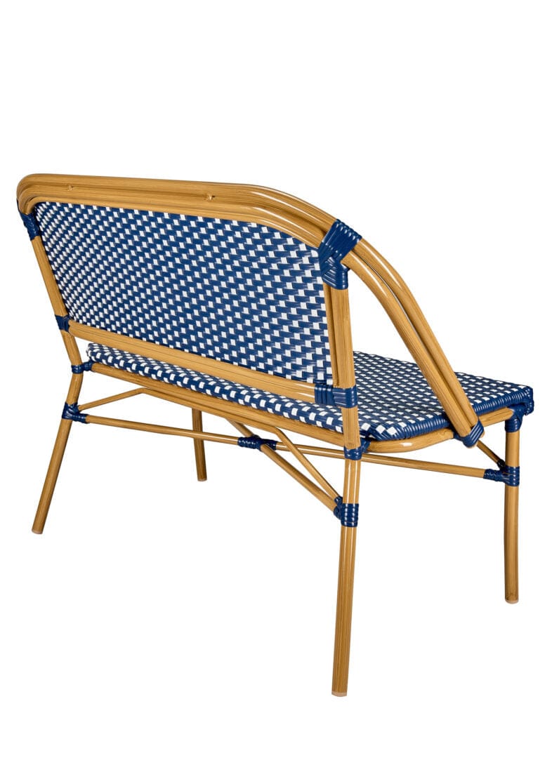 Toulouse Blue on White Medium Frame Bistro Bench Seats 2 PE Rattan BNBPBLU-AX-T