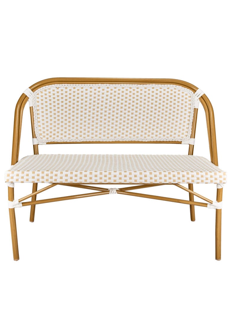 Toulouse White on Beige Medium Frame Bistro Bench Seats 2 PE Rattan BNBPWB-AX-T