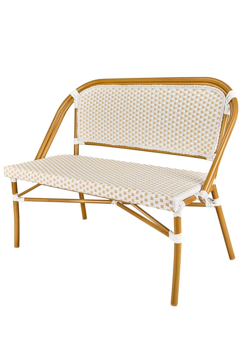 Toulouse White on Beige Medium Frame Bistro Bench Seats 2 PE Rattan BNBPWB-AX-T
