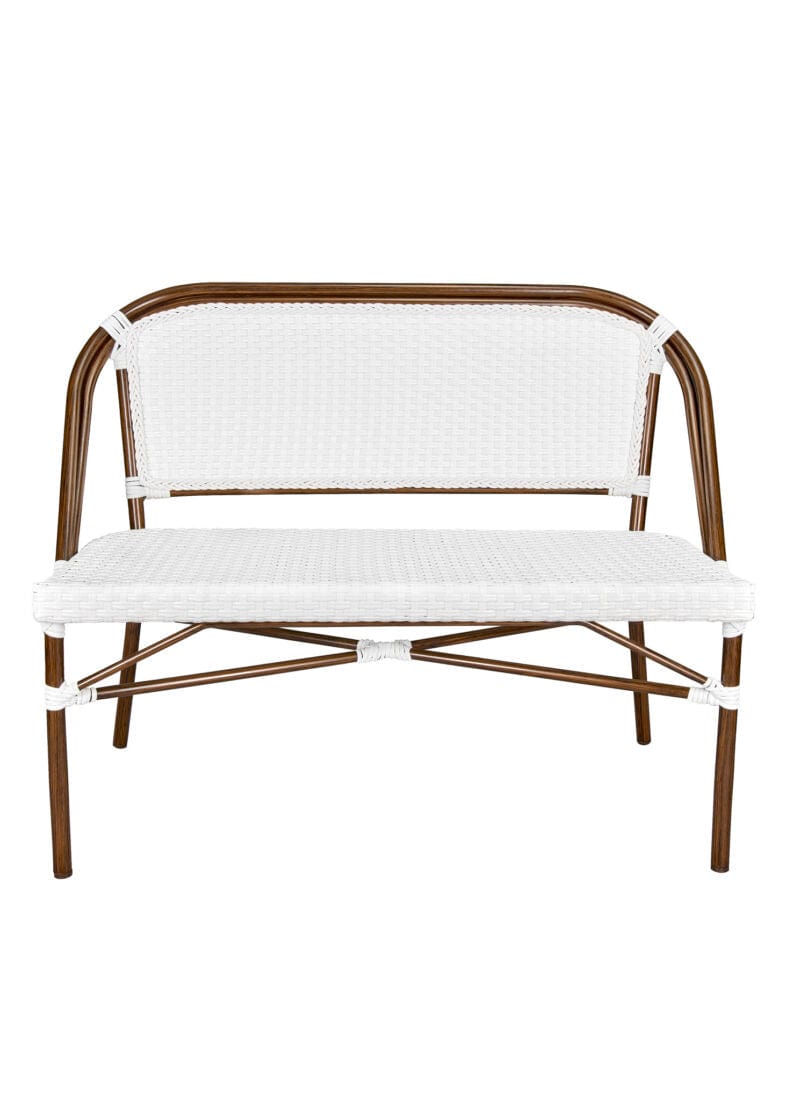 Toulouse White on White Dark Frame Bistro Bench Seats 2 PE Rattan BNBPWWD-AX-T