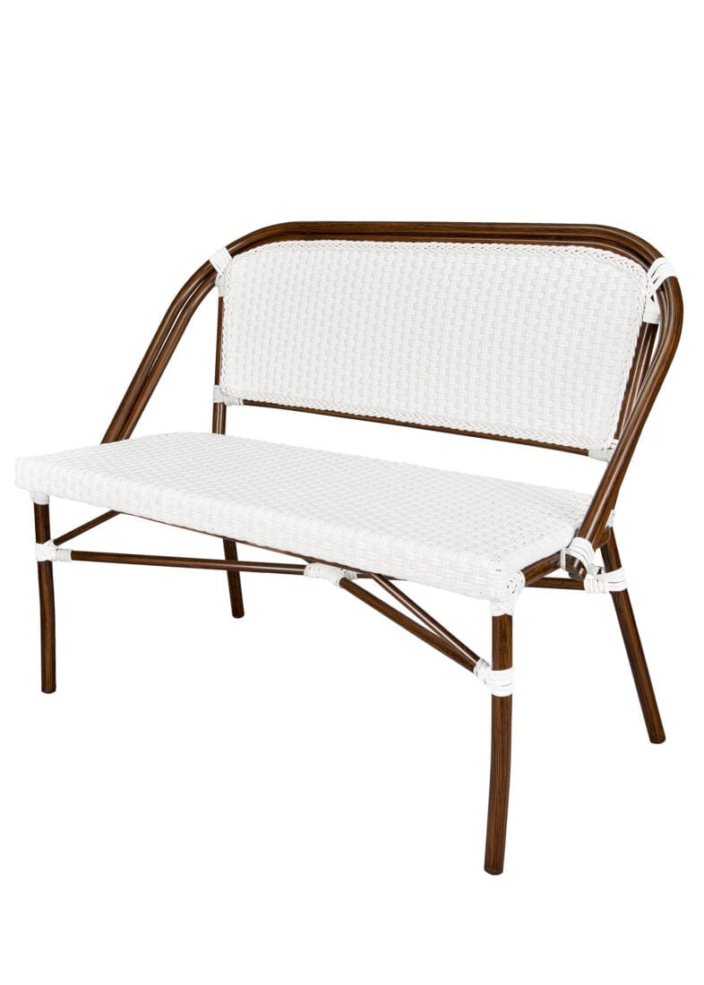 Toulouse White on White Dark Frame Bistro Bench Seats 2 PE Rattan BNBPWWD-AX-T