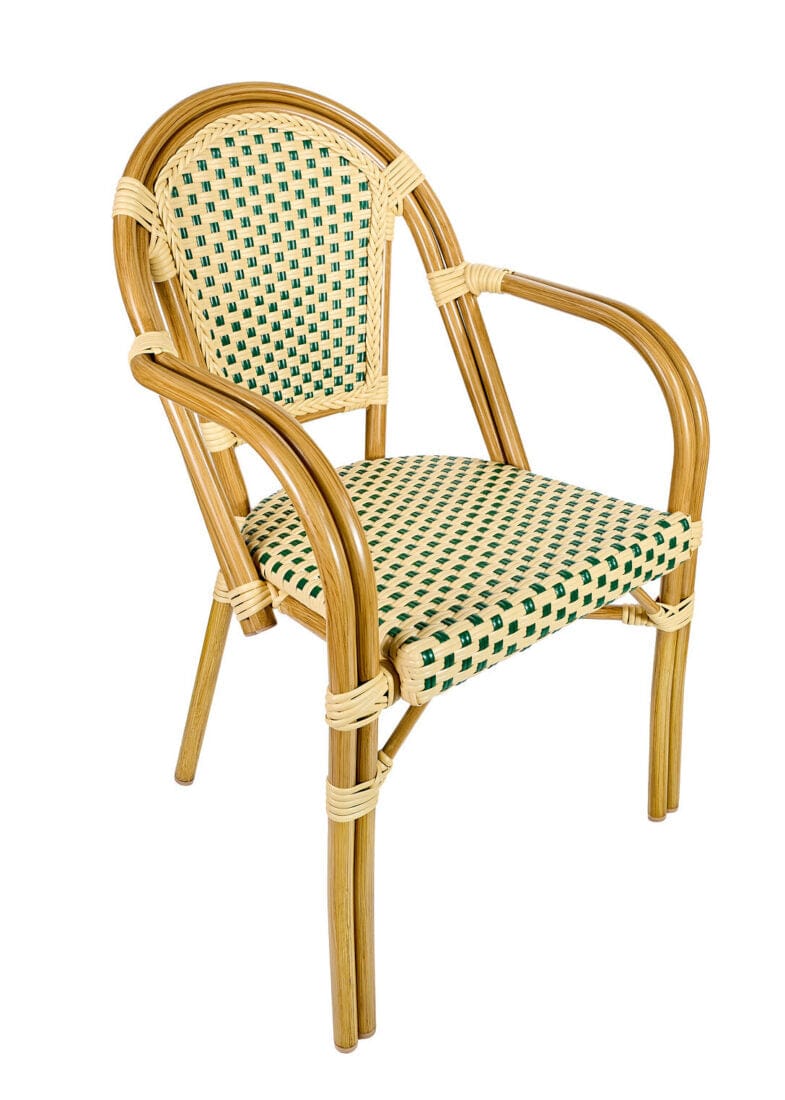 Toulouse Beige and Green French Bistro Set includes 48" x 36" Table and 4 Chairs with Arms FBK-SQ-BG-AW4-AX