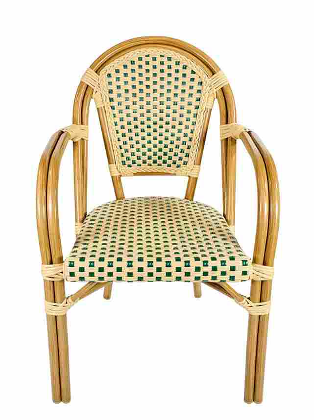 Toulouse Beige and Green French Bistro Set includes 48" x 36" Table and 4 Chairs with Arms FBK-SQ-BG-AW4-AX