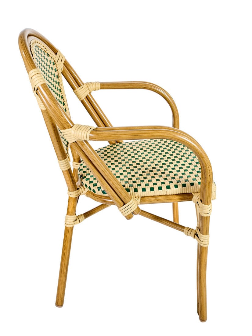 Toulouse Beige and Green French Bistro Set includes 48" x 36" Table and 4 Chairs with Arms FBK-SQ-BG-AW4-AX