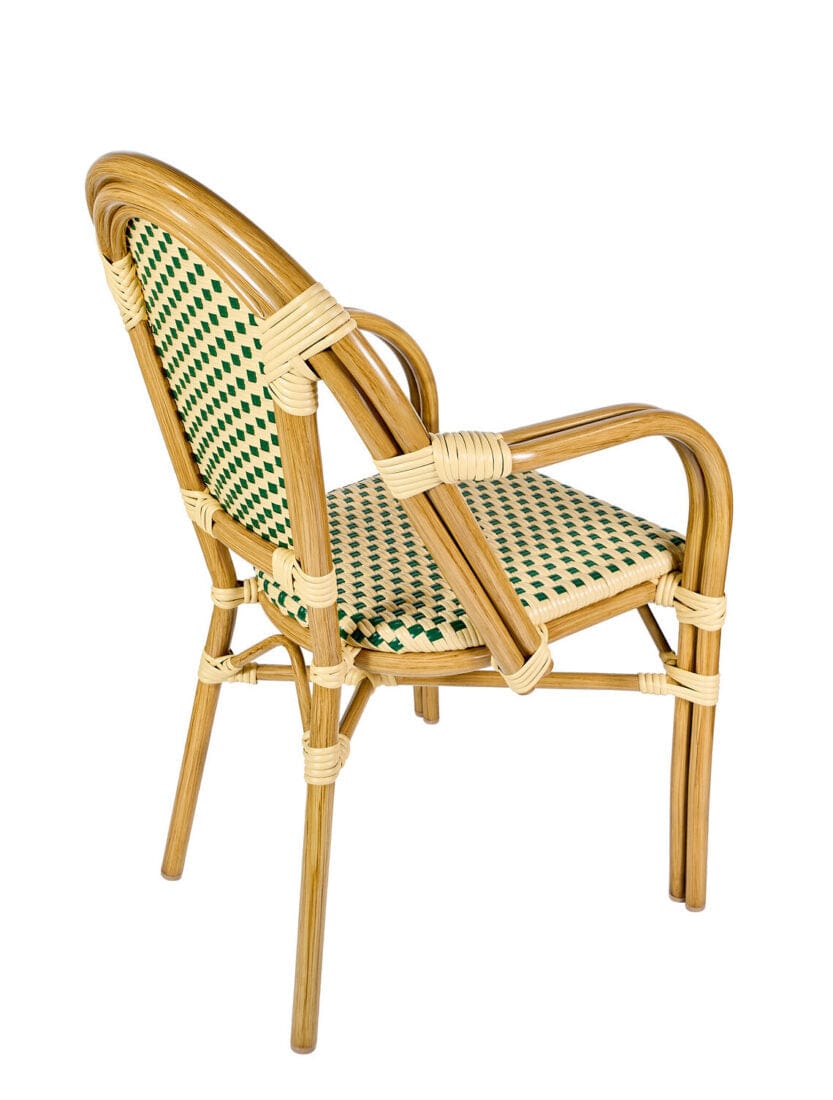 Toulouse Beige and Green French Bistro Set includes 48" x 36" Table and 4 Chairs with Arms FBK-SQ-BG-AW4-AX