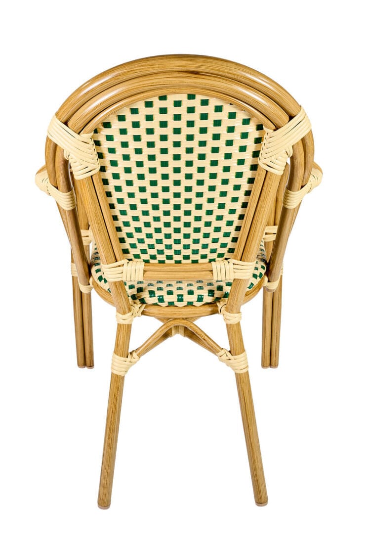 Toulouse Beige and Green French Bistro Set includes 48" x 36" Table and 4 Chairs with Arms FBK-SQ-BG-AW4-AX