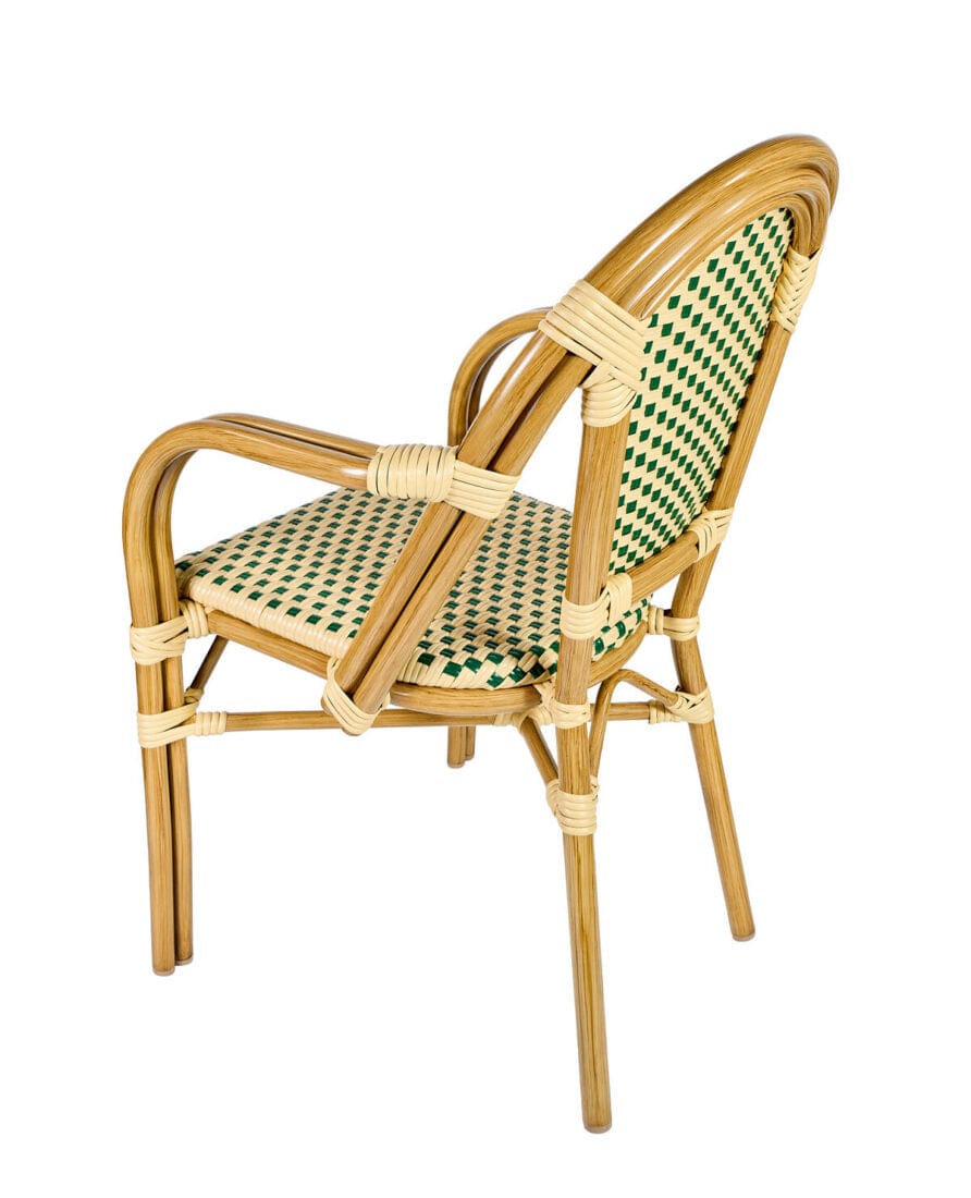 Toulouse Beige and Green French Bistro Set includes 48" x 36" Table and 4 Chairs with Arms FBK-SQ-BG-AW4-AX