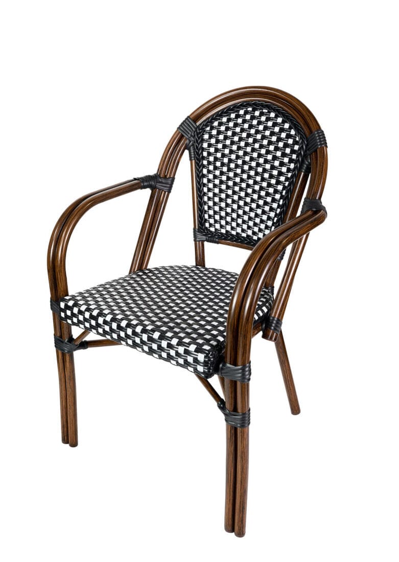 Toulouse Black and White French Bistro Set Includes 48" x 36" Table and 4 Chairs with Arms FBK-SQ-BLA-ABLA4-AX