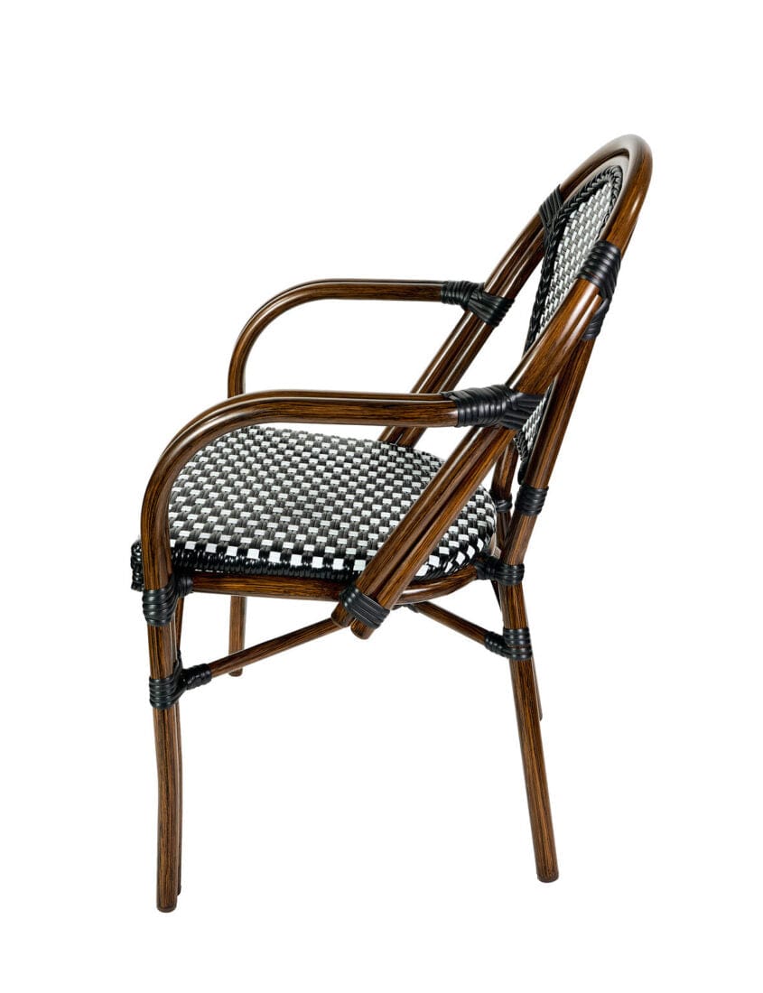 Toulouse Black and White French Bistro Set Includes 48" x 36" Table and 4 Chairs with Arms FBK-SQ-BLA-ABLA4-AX