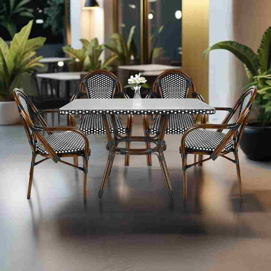 Toulouse Black and White French Bistro Set Includes 48" x 36" Table and 4 Chairs with Arms FBK-SQ-BLA-ABLA4-AX
