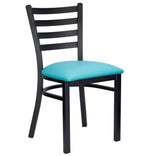 Ladder Back Restaurant Chair with Black Metal Frame and Light Blue Vinyl Seat
