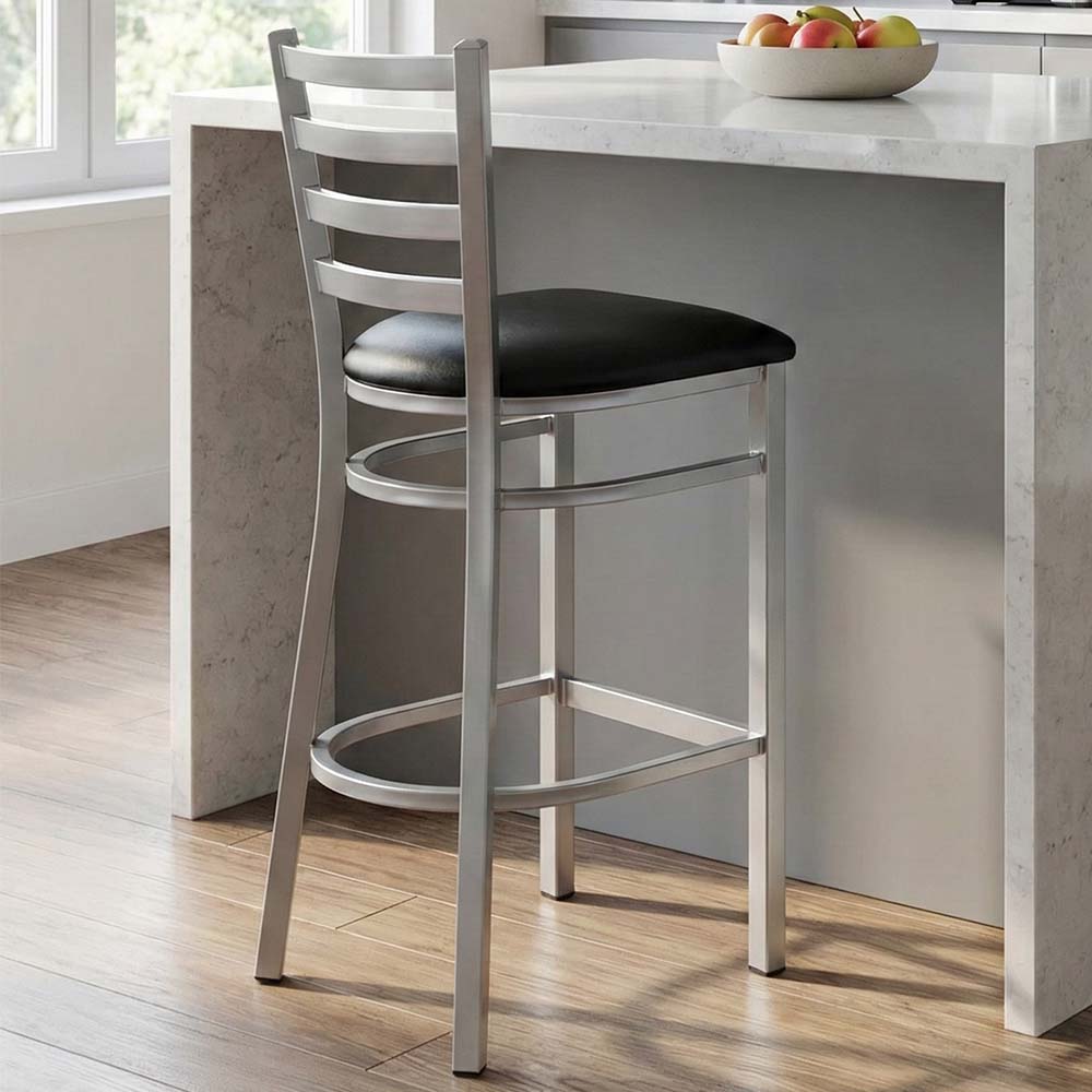 Chivari Ladder Back Bar Stool with Silver Frame and Black Vinyl Seat BLMSVB-ZF-KT