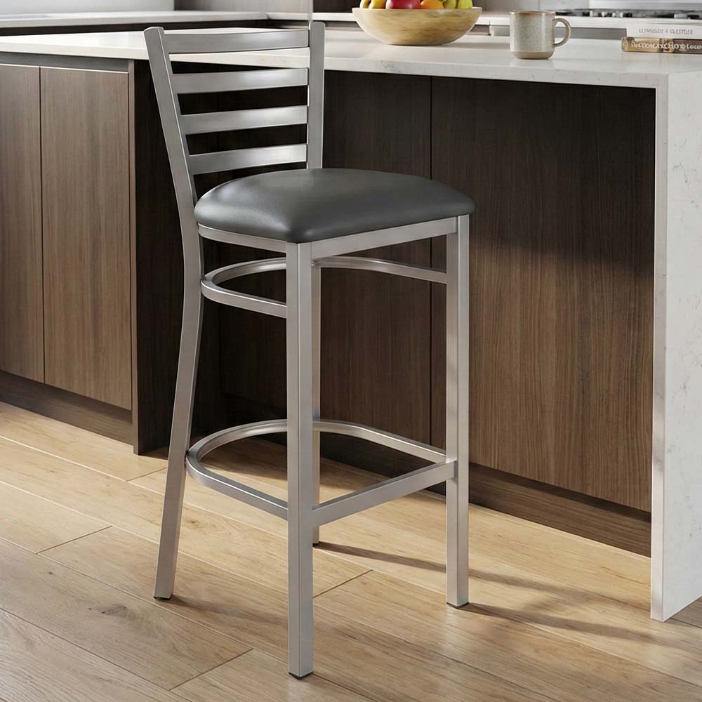 Chivari Ladder Back Bar Stool with Silver Frame and Dark Gray Vinyl Seat BLMSVDG-ZF-KT