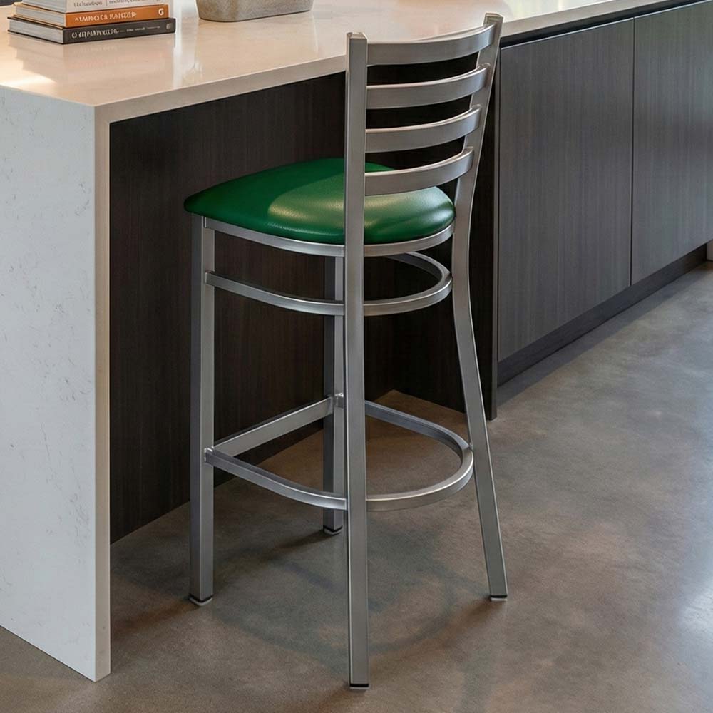 Chivari Ladder Back Bar Stool with Silver Frame and Green Vinyl Seat BLMSVGR-ZF-KT