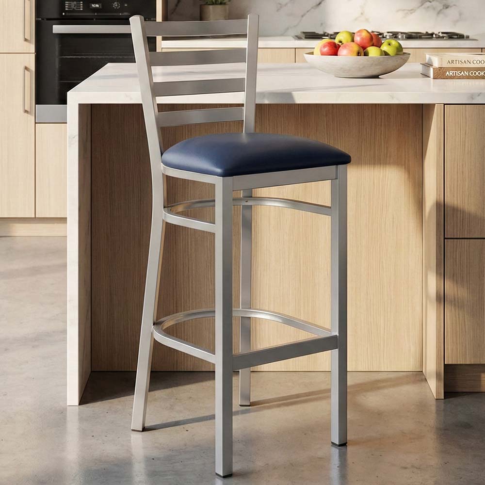 Chivari Ladder Back Bar Stool with Silver Frame and Navy Blue Vinyl Seat BLMSVNB-ZF-KT