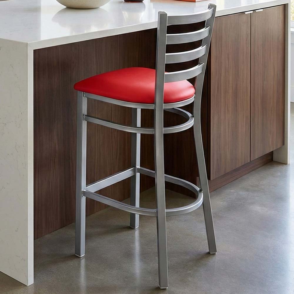 Chivari Ladder Back Bar Stool with Silver Frame and Red Vinyl Seat BLMSVR-ZF-KT