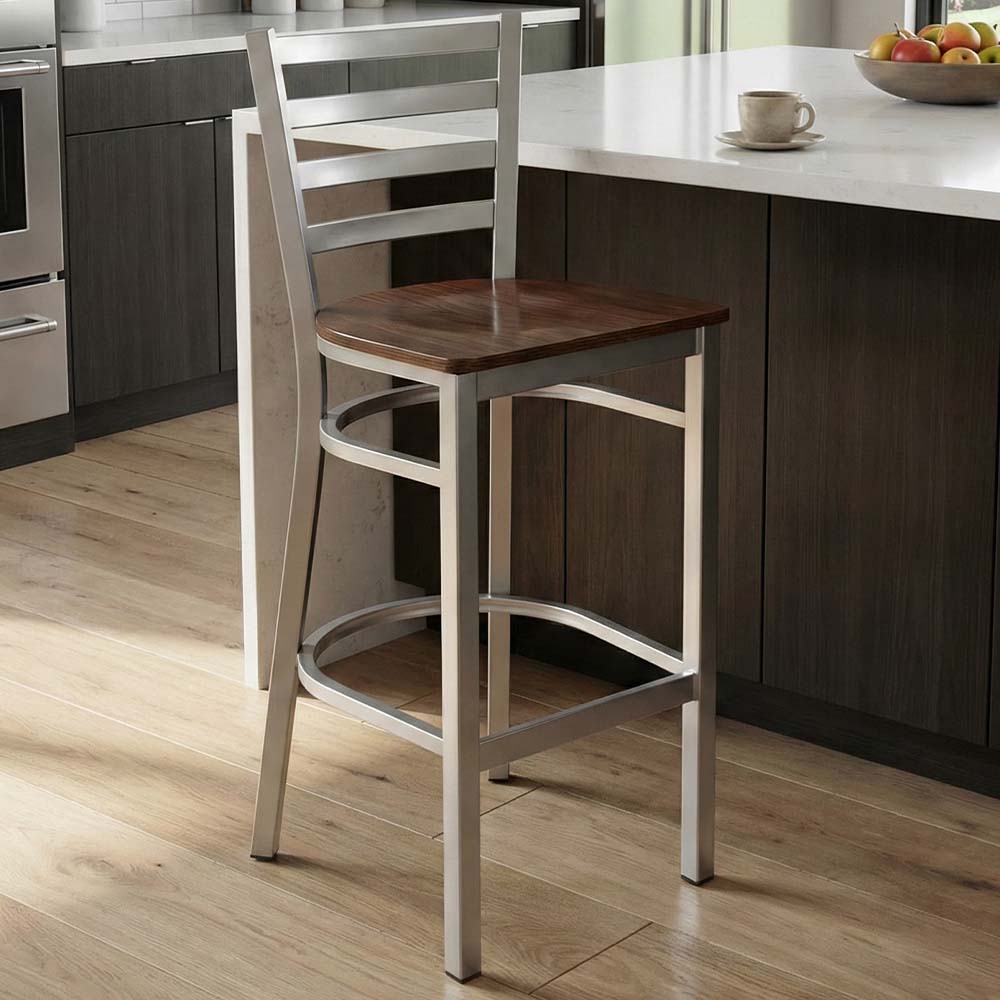 Chivari Ladder Back Bar Stool with Silver Frame and Dark Wood Seat BLMSWDW-ZF-KT