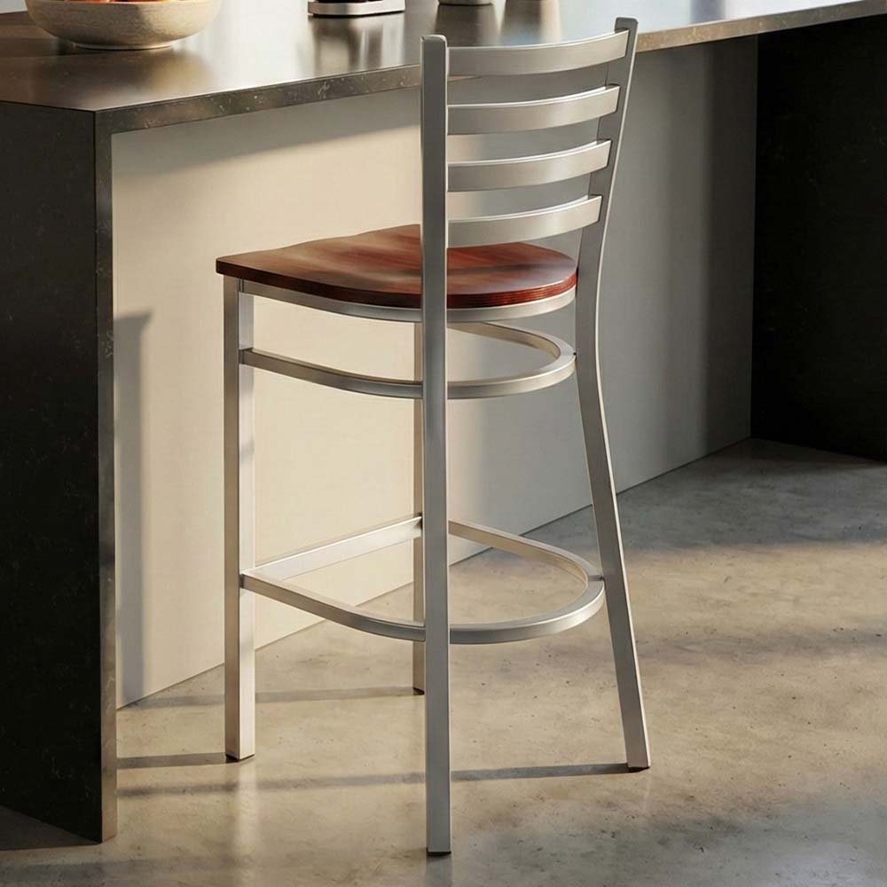 Chivari Ladder Back Bar Stool with Silver Frame and Mahogany Wood Seat BLMSWMW-ZF-KT