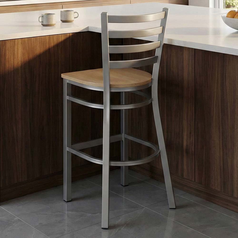 Chivari Ladder Back Bar Stool with Silver Frame and Natural Wood Seat BLMSWNW-ZF-KT