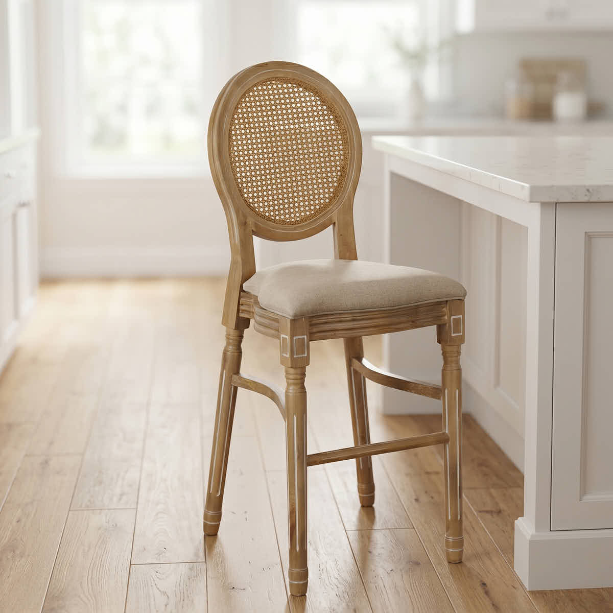 Antique Distressed Wood Louis Pop Barstool with Rattan Back