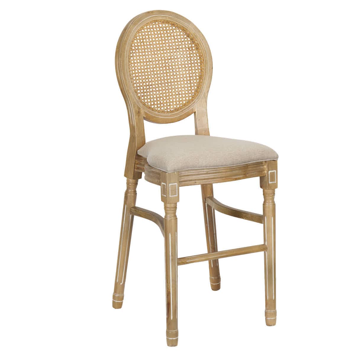 Chivari Antique Distressed Wood Louis Pop Barstool with Rattan Back BLPWANTIQ-FR-ZG-T