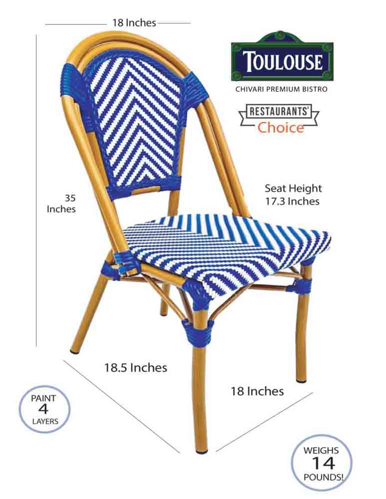 Toulouse Blue and White French Bistro Patio Dining Chair CBTBLU-ZG-T
