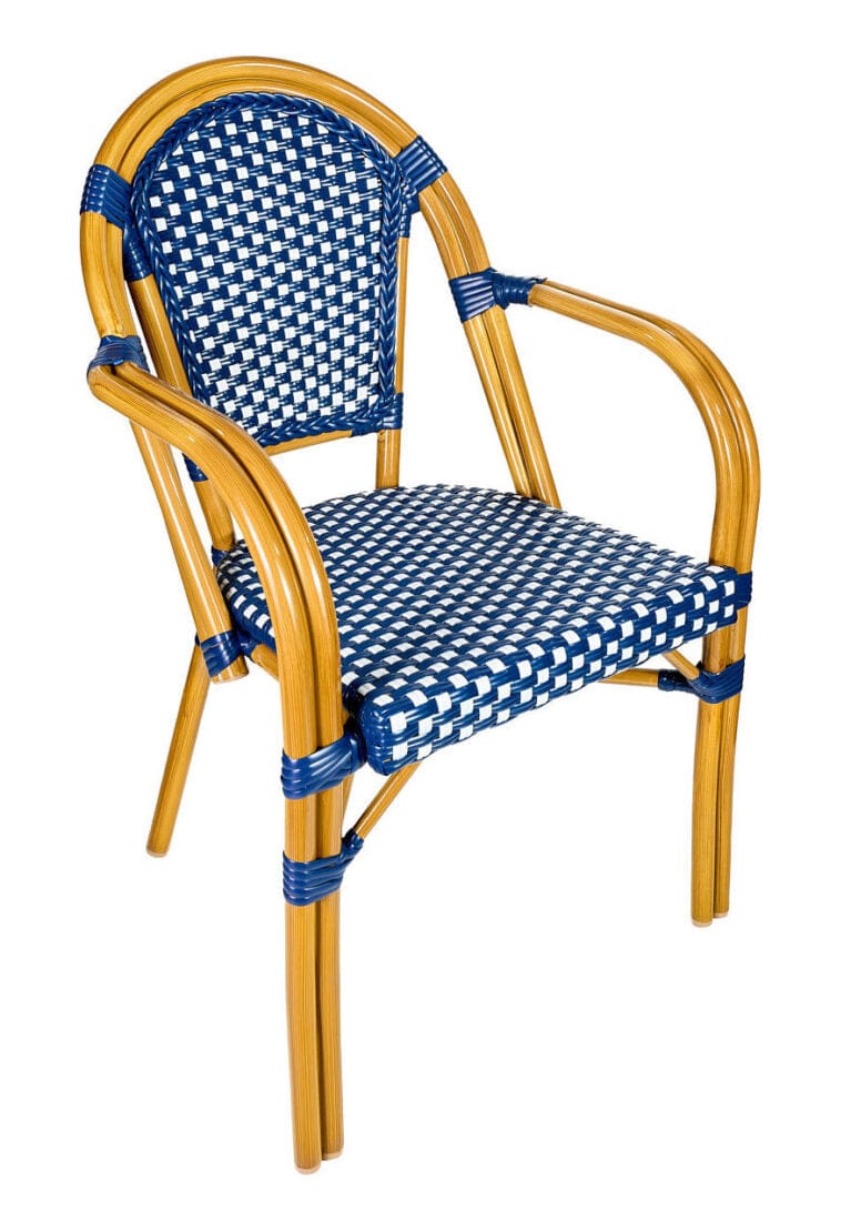 Toulouse Blue and White French Bistro Set Includes 48" x 36" Table and 4 Chairs with Arms FBK-SQ-BLU-ABLU4-AX