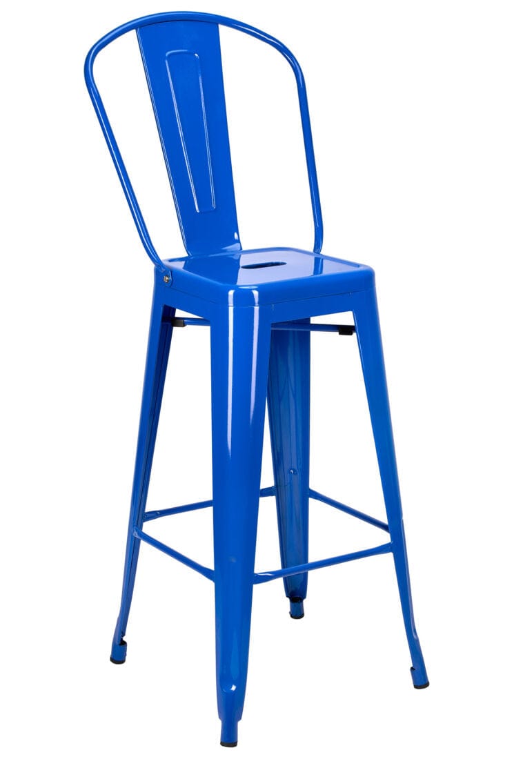 Chivari Blue Hi Gloss Tolix Style Metal Barstool with Back BTBMBLU-AX-T