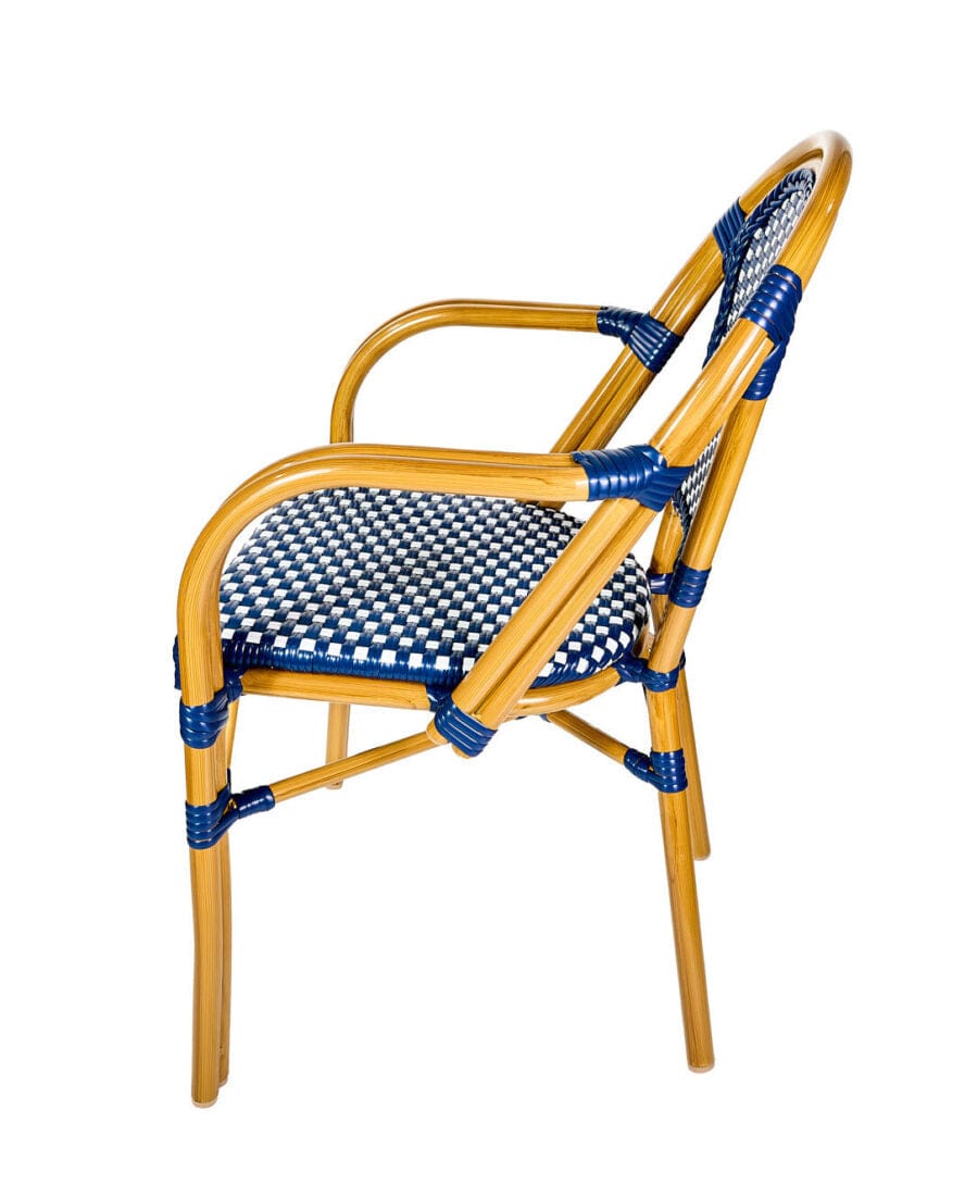 Toulouse Blue and White French Bistro Set Includes 48" x 36" Table and 4 Chairs with Arms FBK-SQ-BLU-ABLU4-AX