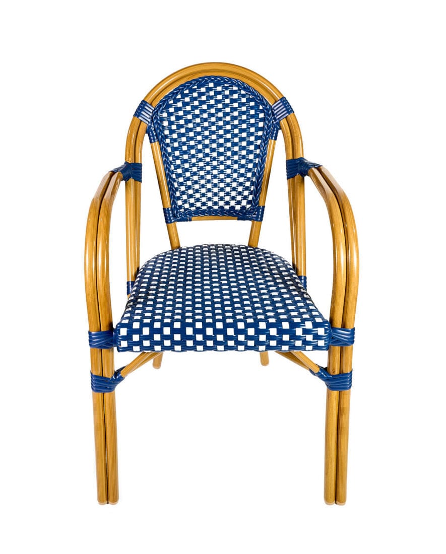 Toulouse Blue and White French Bistro Set Includes 48" x 36" Table and 4 Chairs with Arms FBK-SQ-BLU-ABLU4-AX