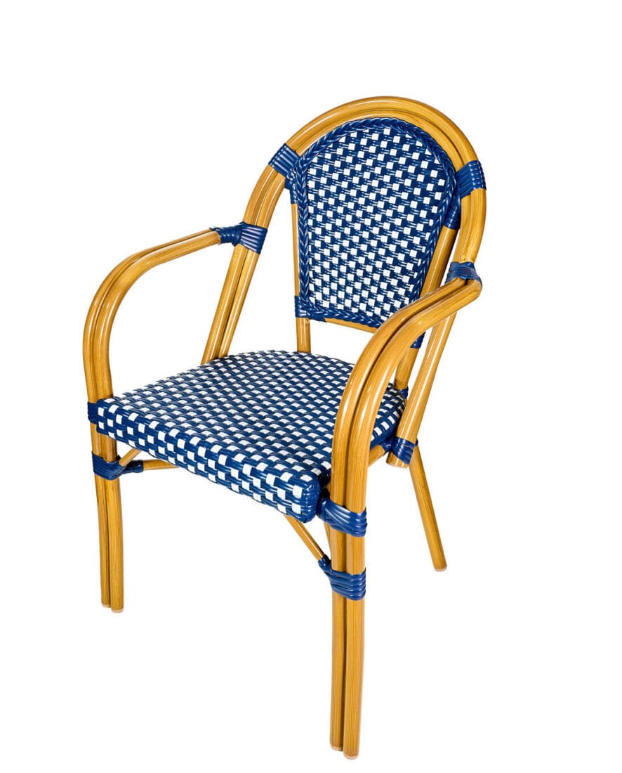 Toulouse Blue and White French Bistro Set Includes 48" x 36" Table and 4 Chairs with Arms FBK-SQ-BLU-ABLU4-AX
