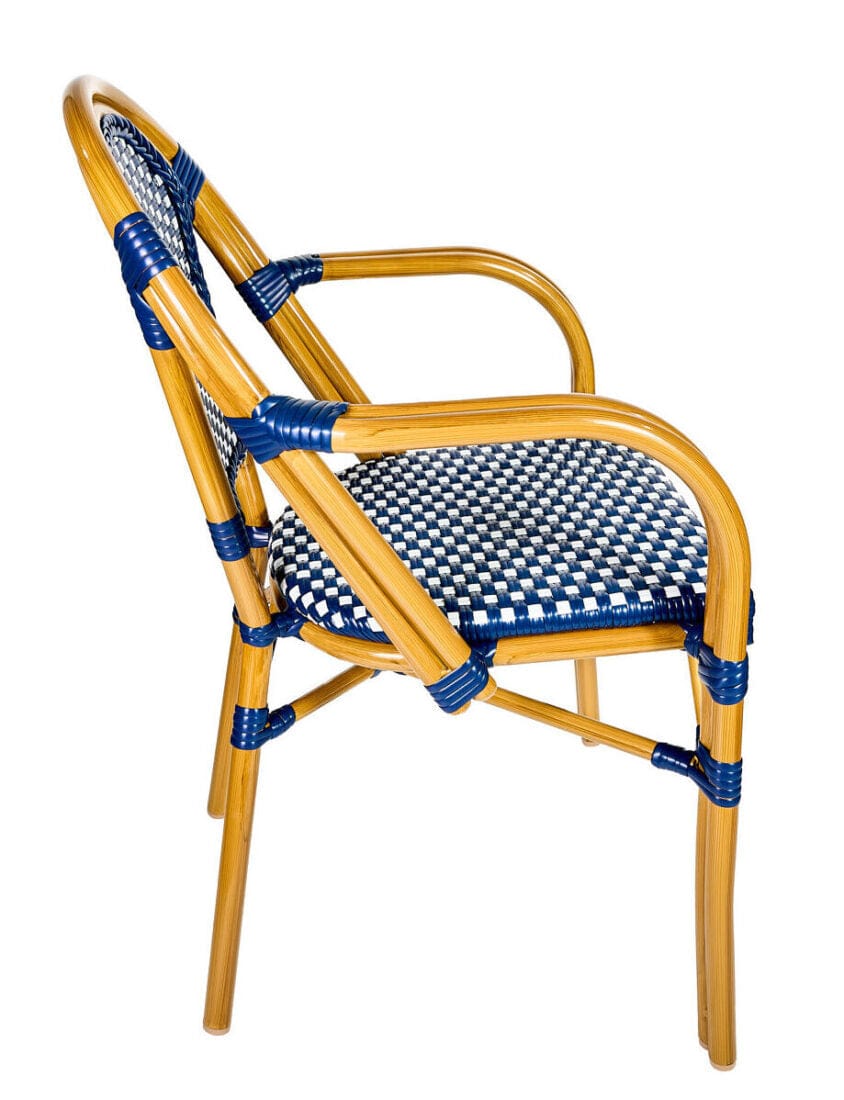 Toulouse Blue and White French Bistro Set Includes 48" x 36" Table and 4 Chairs with Arms FBK-SQ-BLU-ABLU4-AX