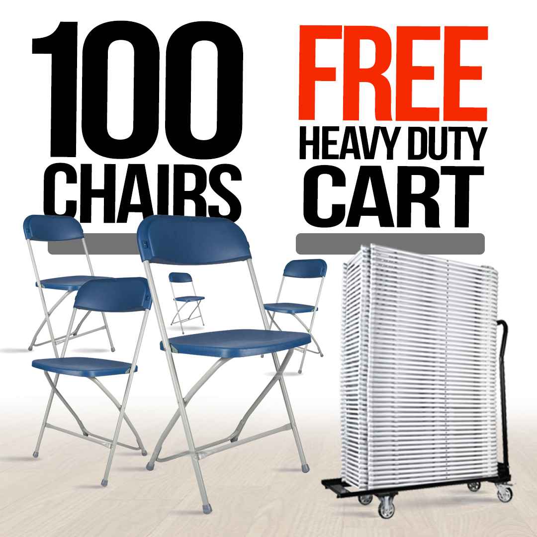 Chivari 100 Pack Blue Plastic Folding Chair and Cart Bundle with Strap CFPBLU-100GCRTS-KT