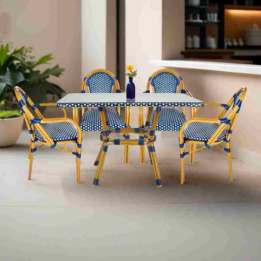 Toulouse Blue and White French Bistro Set Includes 48" x 36" Table and 4 Chairs with Arms FBK-SQ-BLU-ABLU4-AX