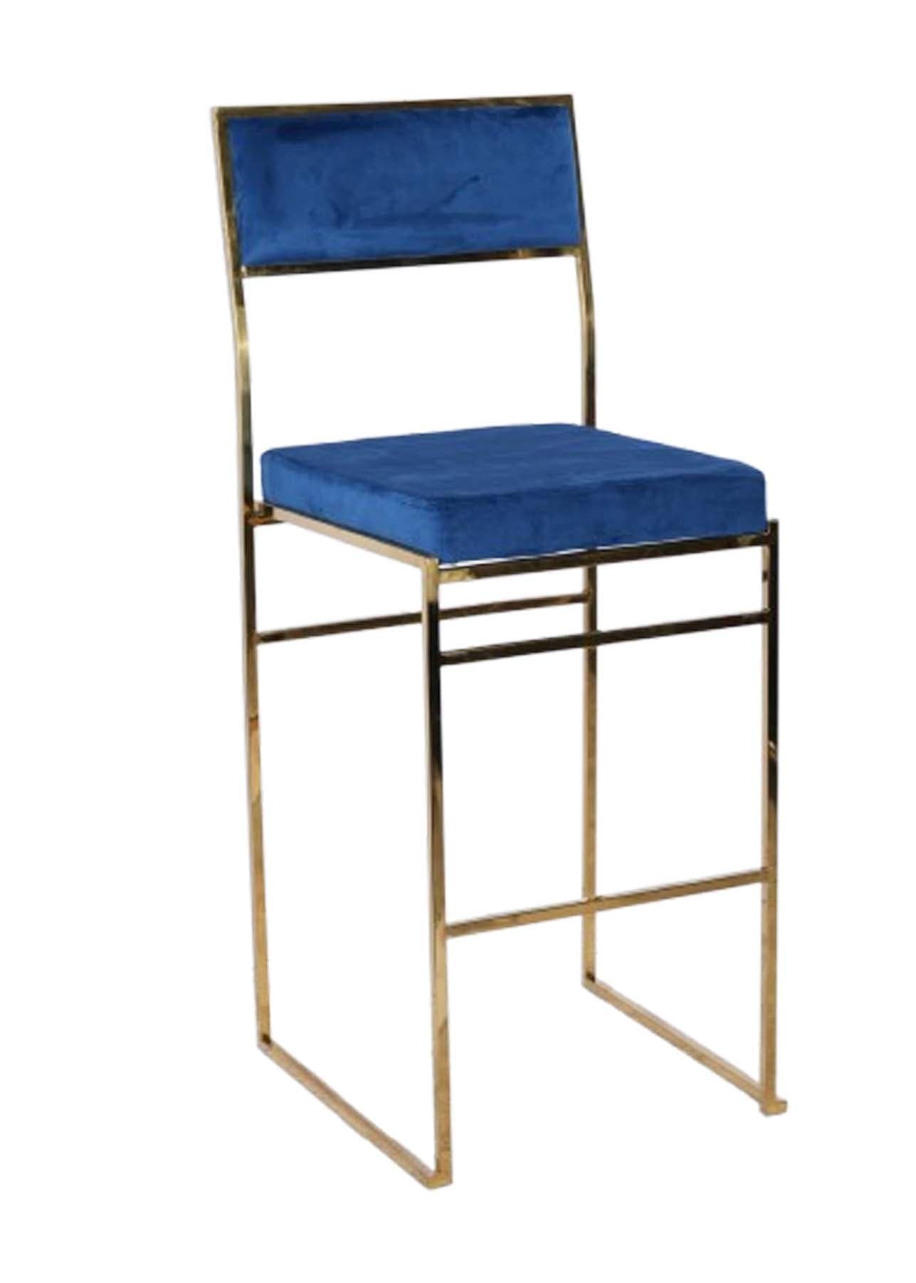 Chivari Melissa Barstool in Gold Stainless Steel Frame with Blue Cushion Seat and Back BMMG-BLU-KIT-AX