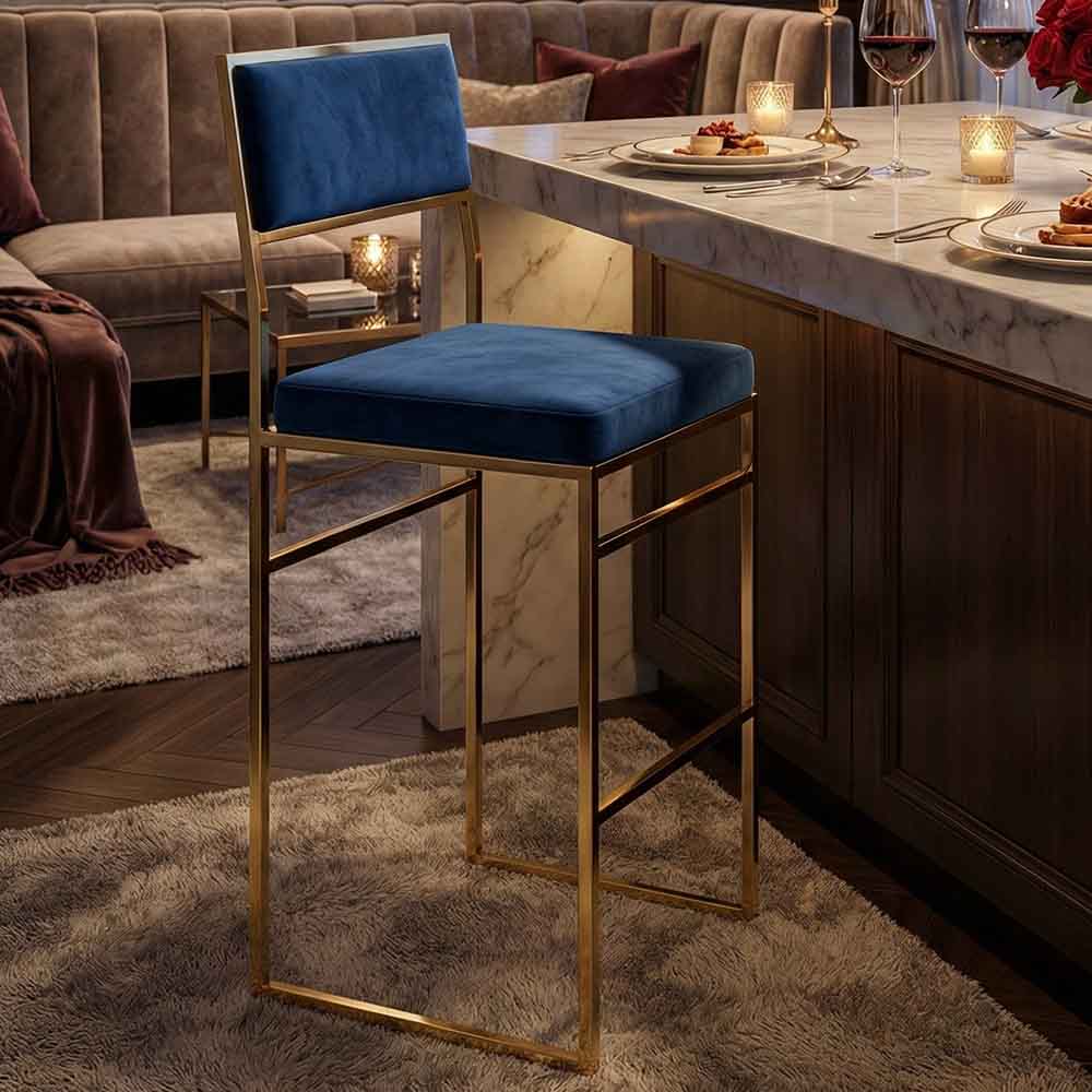 Chivari Melissa Barstool in Gold Stainless Steel Frame with Blue Cushion Seat and Back BMMG-BLU-KIT-AX