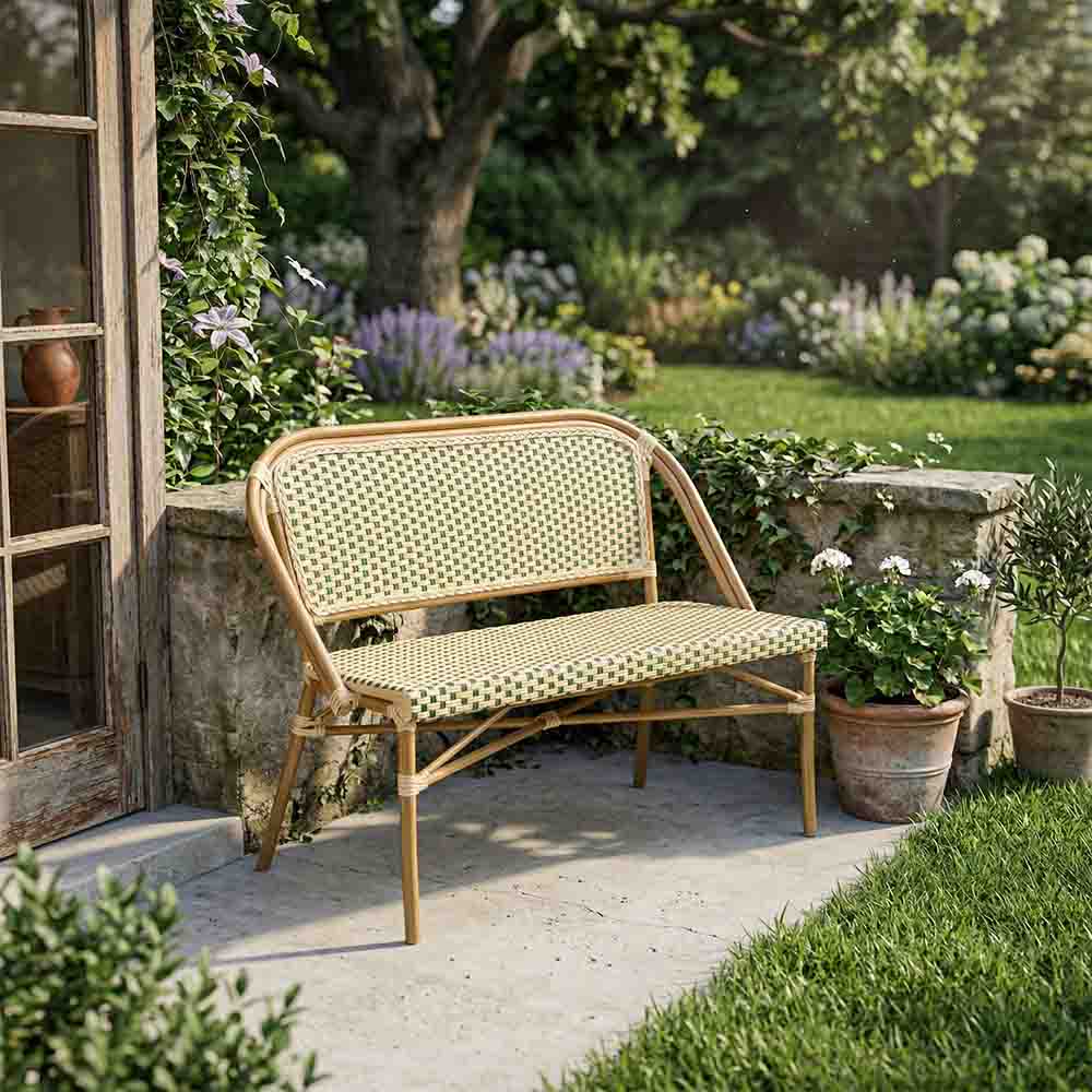 Toulouse Beige on Green Light Frame Bistro Bench Loveseat BNBPBG-AX-T