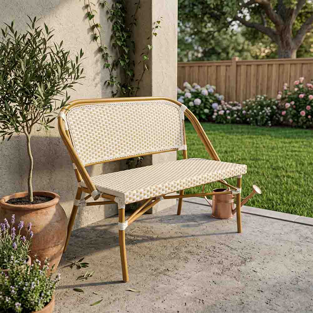 White on Beige Medium Frame Bistro Bench Loveseat