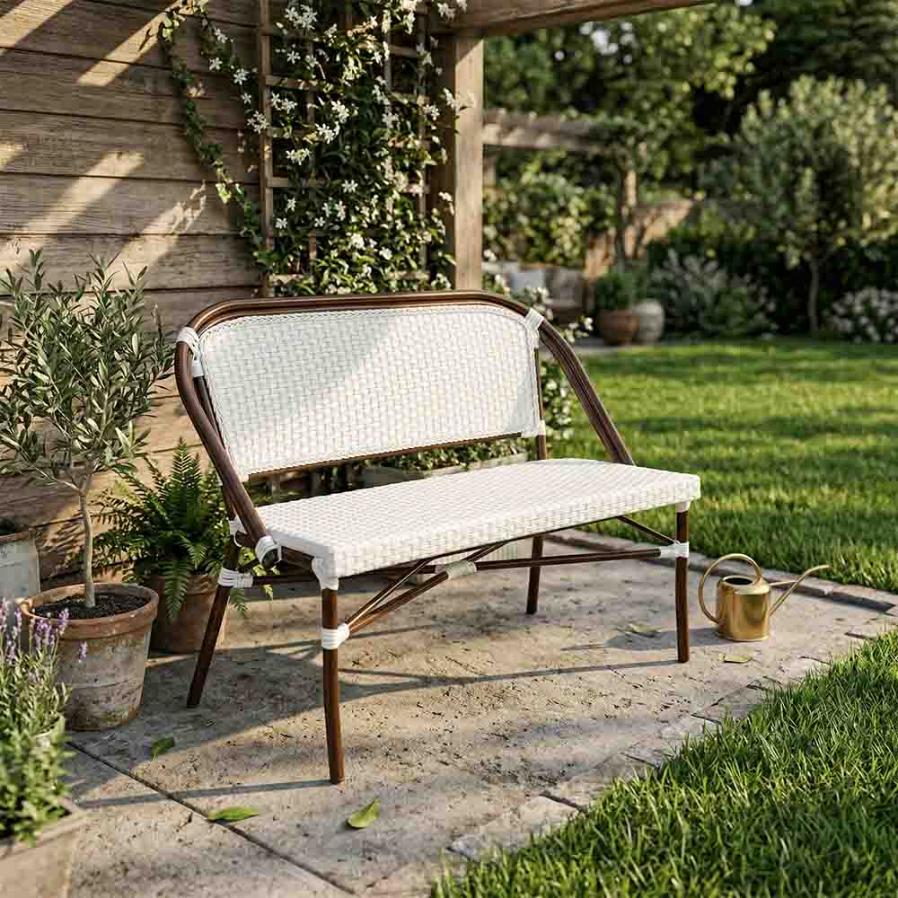 White on White Dark Frame Bistro Bench Loveseat