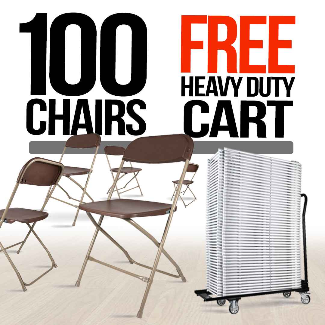 Chivari 100 Pack Brown Plastic Folding Chair and Cart Bundle with Strap CFPBR-100GCRTS-KT
