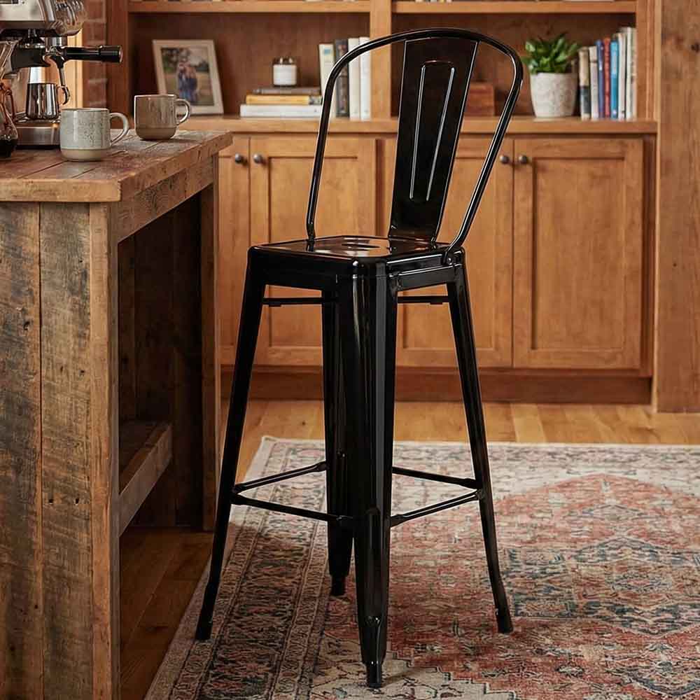Chivari Black Hi Gloss Tolix Style Metal Barstool with Back BTBMB-AX-T