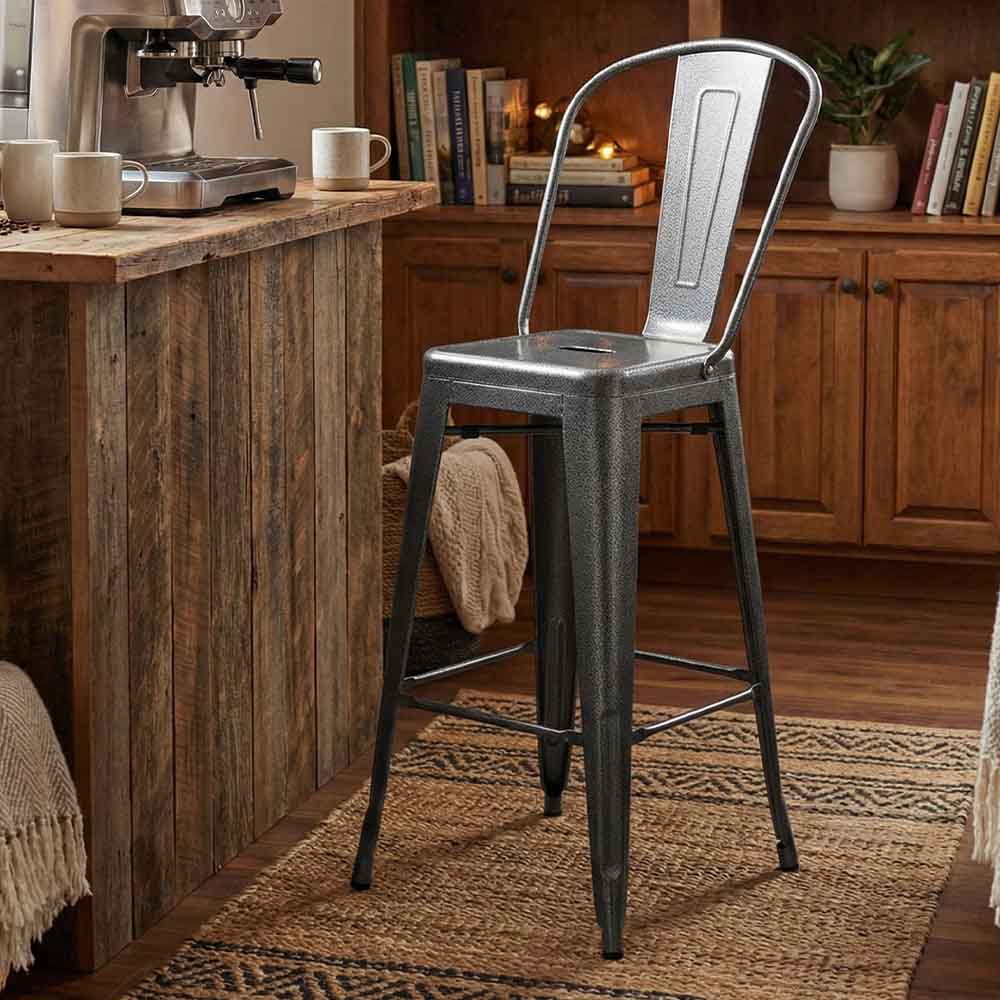 Chivari Hammered Gray Tolix Style Metal Barstool with Back BTBMCH-AX-T