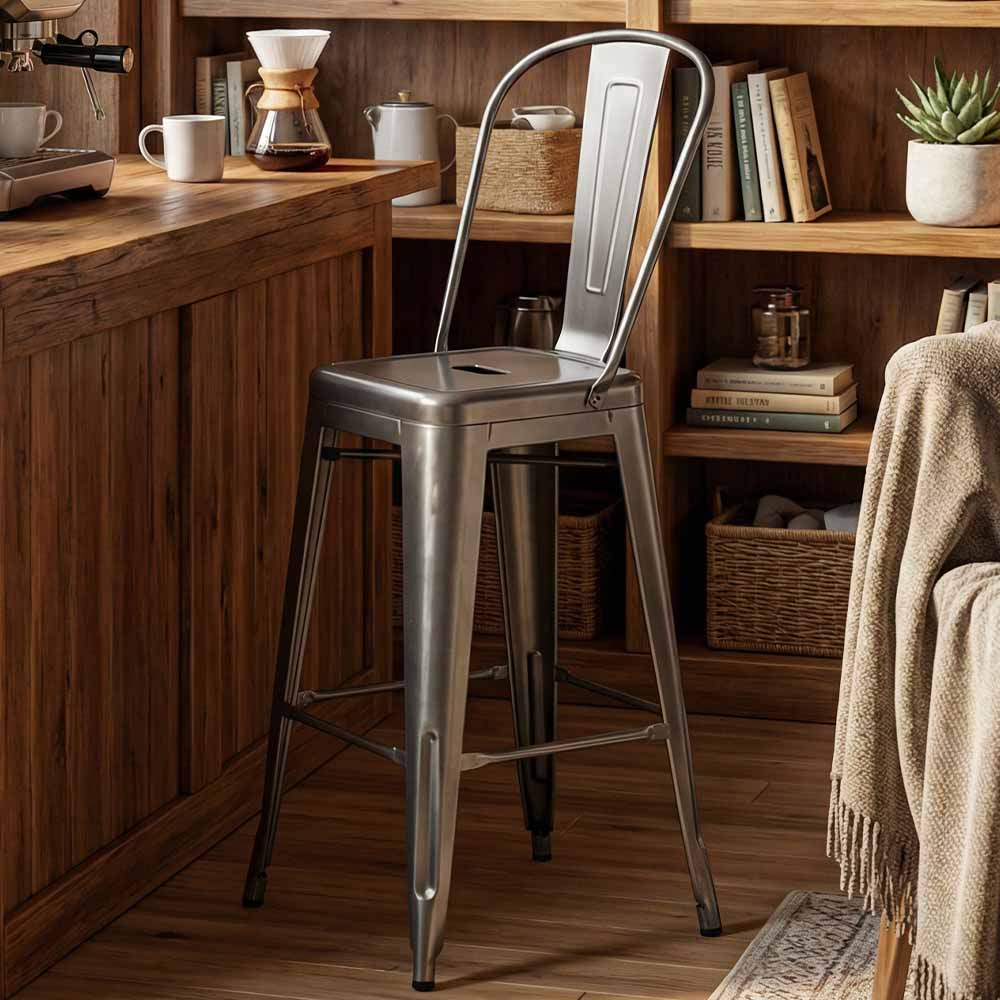 GunMetal Gray Hi Gloss Tolix Style Metal Barstool with Back