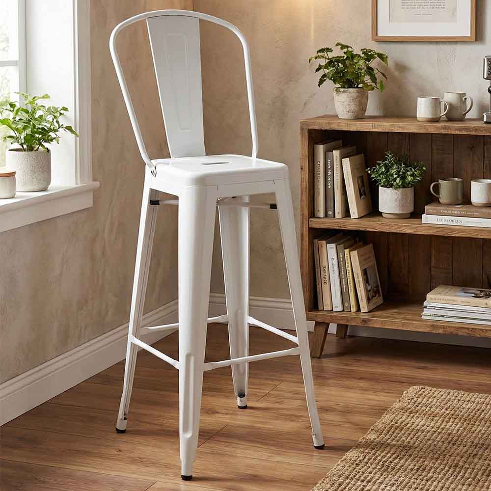 Chivari White Hi Gloss Tolix Style Metal Barstool with Back BTBMW-AX-T