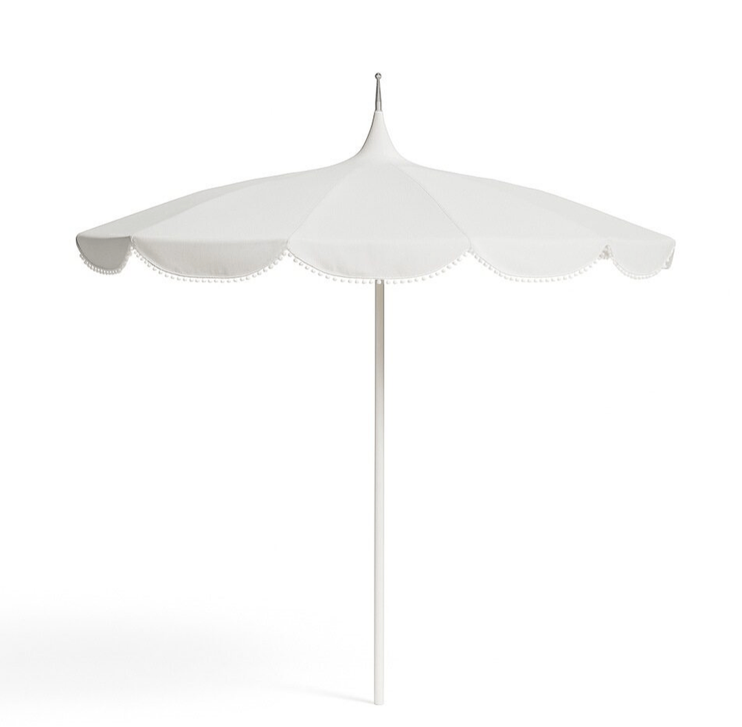California Umbrellas White 8.5' Pagoda Series Sunbrella Fabric Patio Umbrella with White Aluminum Pole and Pom Poms CAL-199484071757