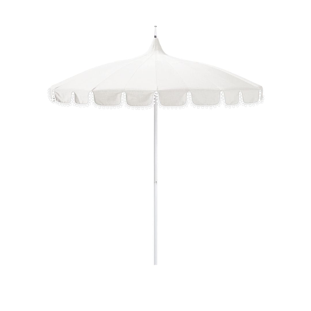 California Umbrellas White 8.5' Pagoda Series Sunbrella Fabric Patio Umbrella with White Aluminum Pole and Pom Poms CAL-199484071757