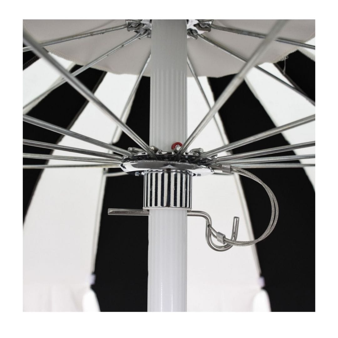 California Umbrellas Antique Beige 8.5' Pagoda Series Sunbrella Fabric Patio Umbrella with White Aluminum Pole and Push Lift CAL-SMPT852174PD-0422