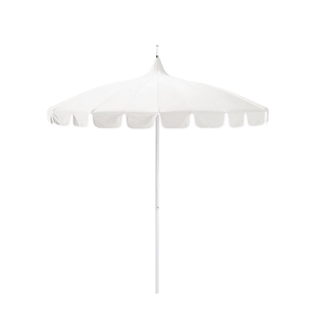 California Umbrellas Natural 8.5' Classic Pagoda Series Sunbrella Fabric Patio Umbrella with White Aluminum Pole and Push Lift CAL-SMPT852174CLAS-5404