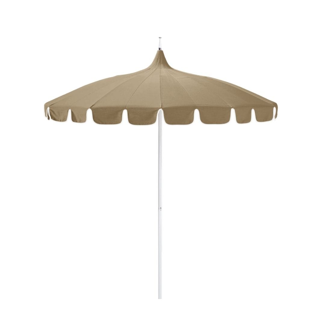 California Umbrellas Antique Beige 8.5' Classic Pagoda Series Sunbrella Fabric Patio Umbrella with White Aluminum Pole and Push Lift CAL-SMPT852174CLAS-5422