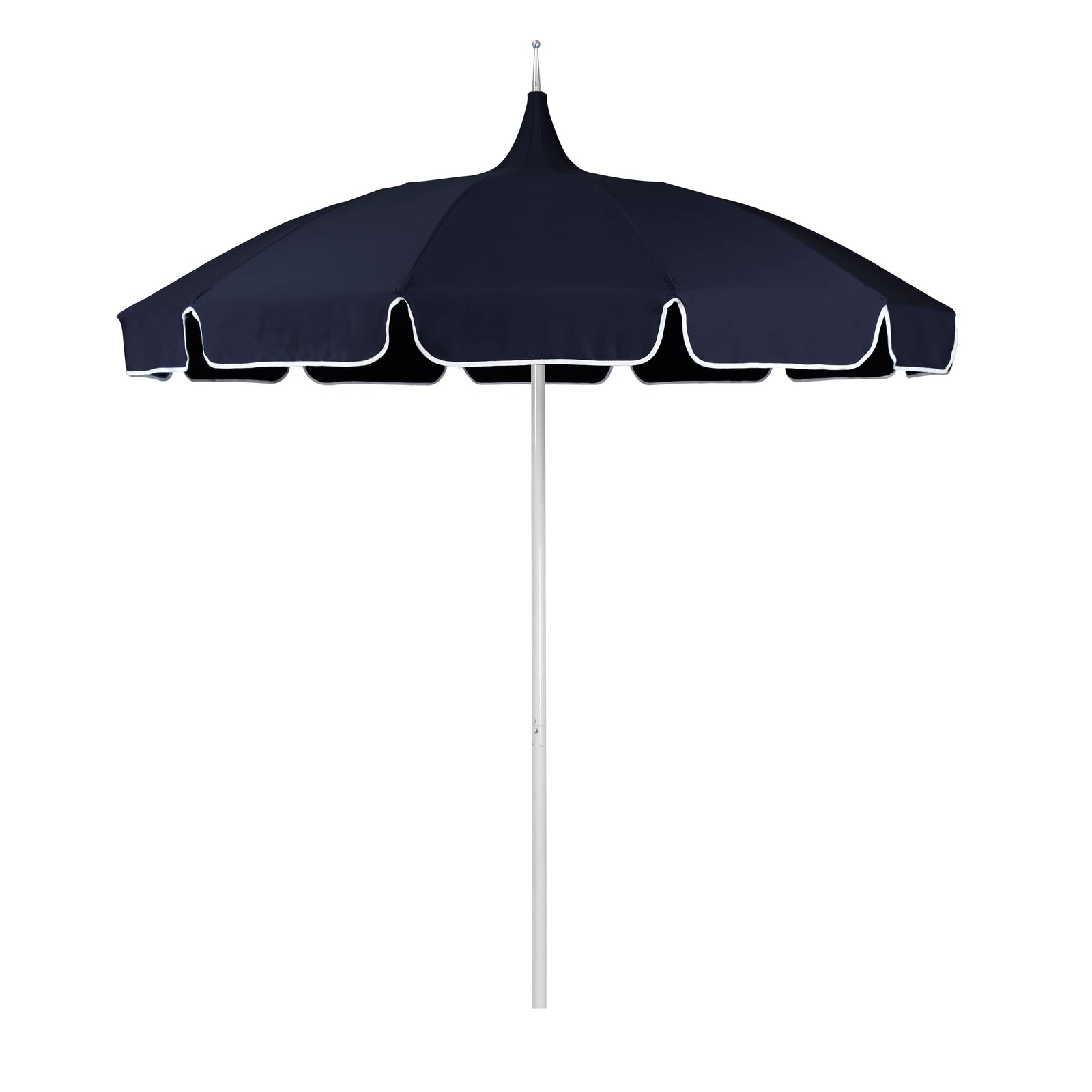 California Umbrellas Navy Blue 8.5' Classic Pagoda Series Sunbrella Fabric Patio Umbrella with White Aluminum Pole and Push Lift CAL-SMPT852174CLAS-5439
